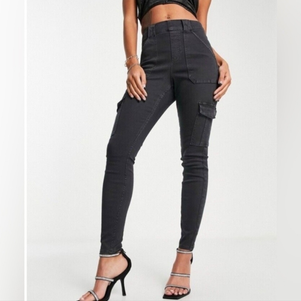 Spanx pull on denim skinny cargo pockets dark grey pants stretchy women 1x
